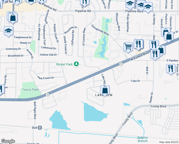 map of restaurants, bars, coffee shops, grocery stores, and more near 2108 Rickel Park Drive in Hurst