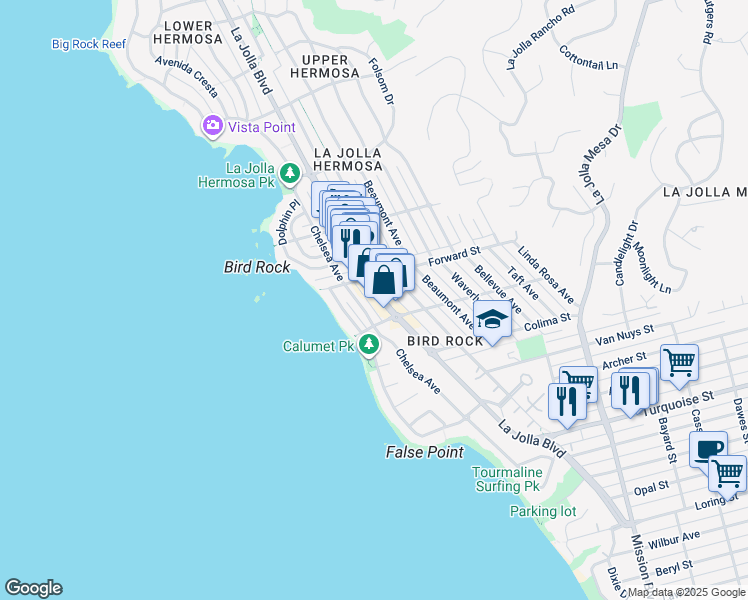 map of restaurants, bars, coffee shops, grocery stores, and more near 5538 La Jolla Boulevard in San Diego