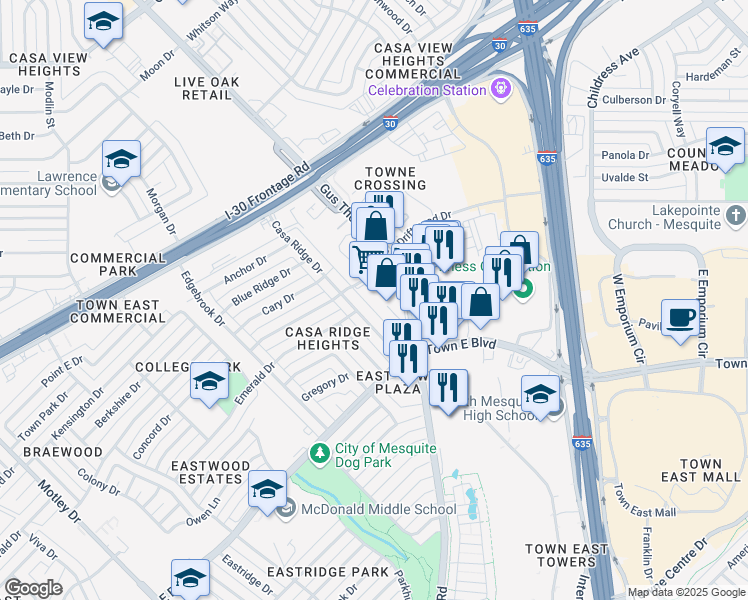 map of restaurants, bars, coffee shops, grocery stores, and more near 3501 Gus Thomasson Road in Mesquite
