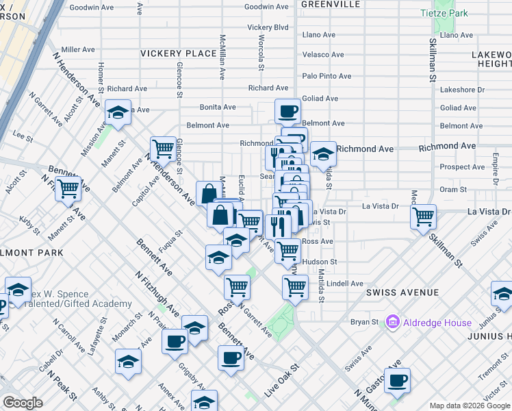 map of restaurants, bars, coffee shops, grocery stores, and more near 1847 Summit Avenue in Dallas