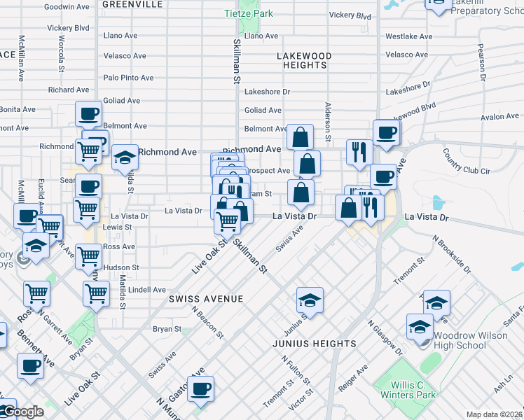 map of restaurants, bars, coffee shops, grocery stores, and more near 5842 Live Oak Street in Dallas