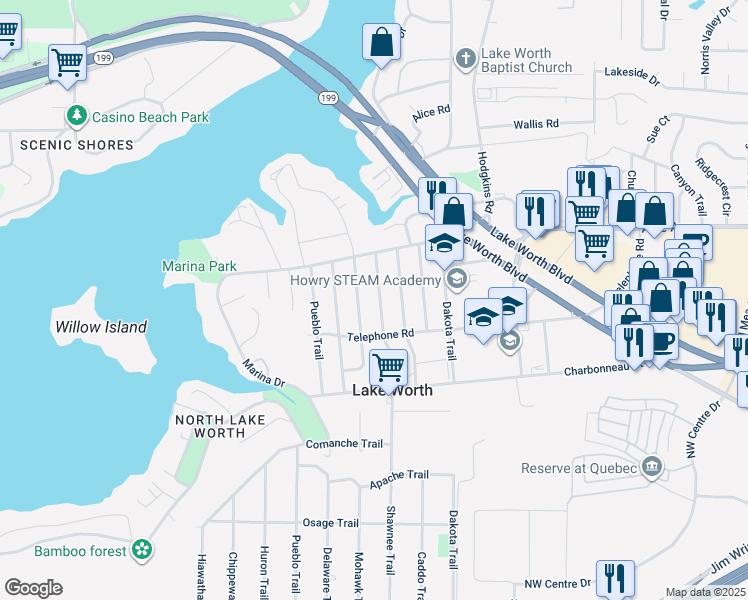 map of restaurants, bars, coffee shops, grocery stores, and more near 3912 Shawnee Trail in Fort Worth