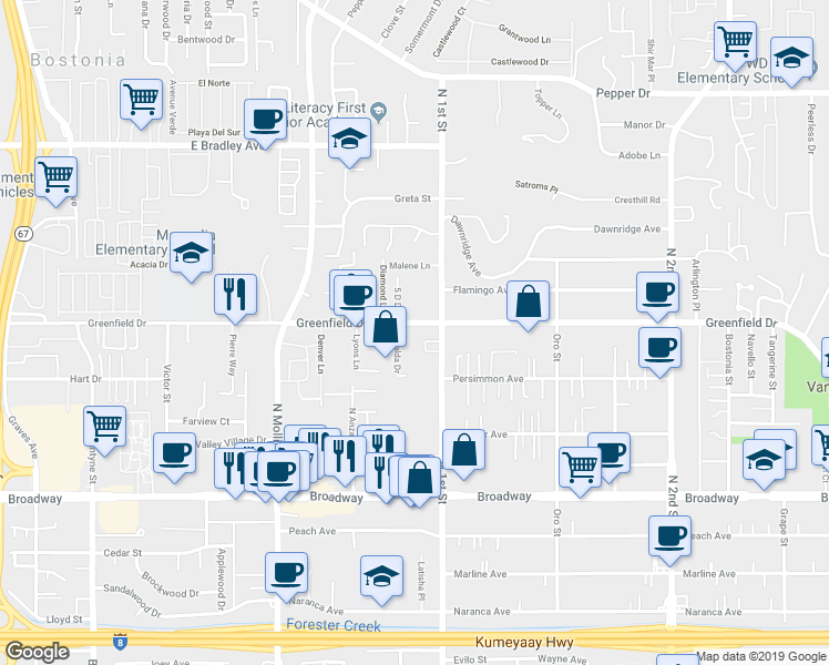map of restaurants, bars, coffee shops, grocery stores, and more near 1045 Greenfield Drive in El Cajon