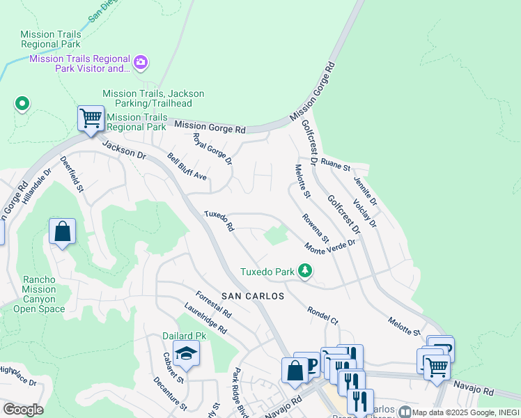 map of restaurants, bars, coffee shops, grocery stores, and more near 6756 Monte Verde Drive in San Diego
