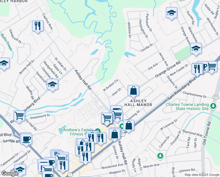 map of restaurants, bars, coffee shops, grocery stores, and more near 1538 Joan Street in Charleston