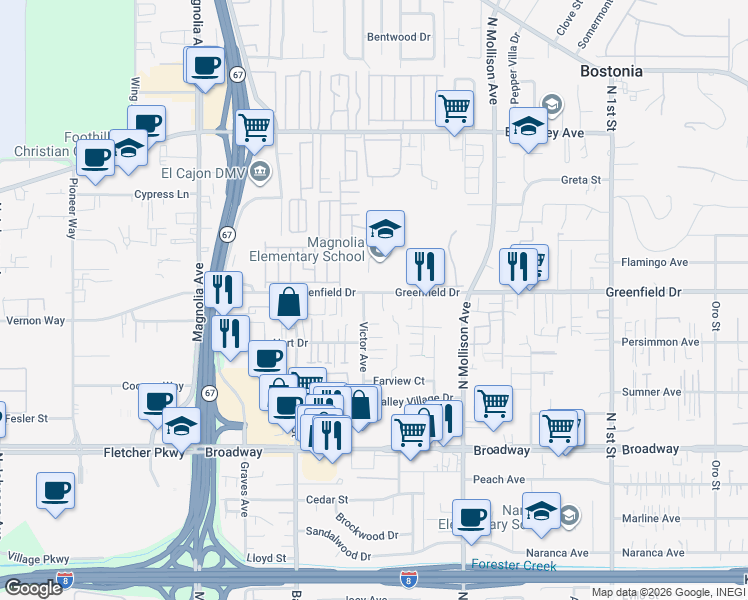 map of restaurants, bars, coffee shops, grocery stores, and more near 1237 Victor Avenue in El Cajon