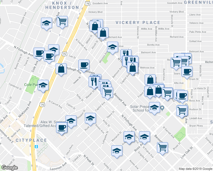 map of restaurants, bars, coffee shops, grocery stores, and more near Bennett Ave & Belmont Ave in Dallas