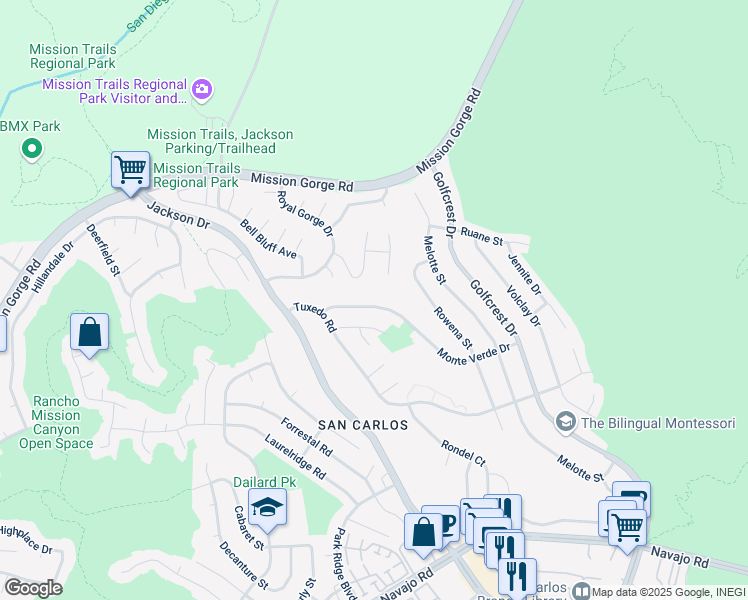 map of restaurants, bars, coffee shops, grocery stores, and more near 6756 Monte Verde Drive in San Diego