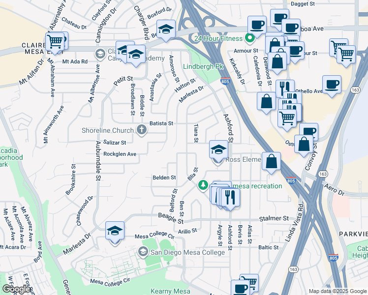 map of restaurants, bars, coffee shops, grocery stores, and more near 3812 Armstrong Street in San Diego