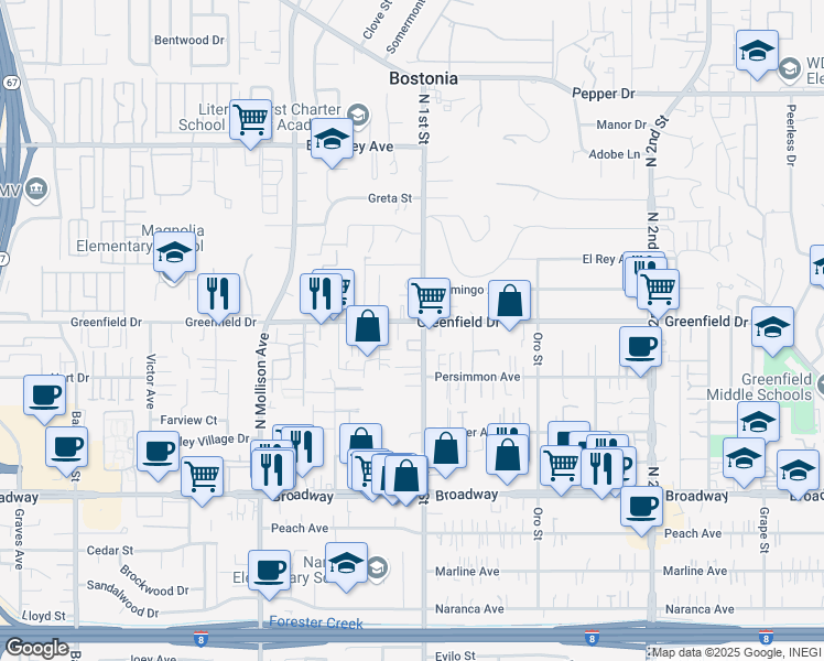 map of restaurants, bars, coffee shops, grocery stores, and more near 1059 Greenfield Drive in El Cajon
