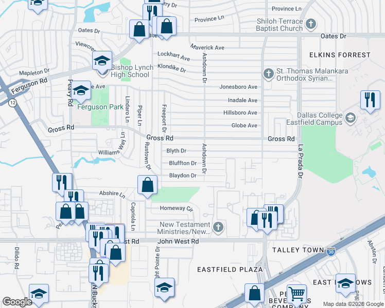 map of restaurants, bars, coffee shops, grocery stores, and more near 2407 Bluffton Drive in Dallas