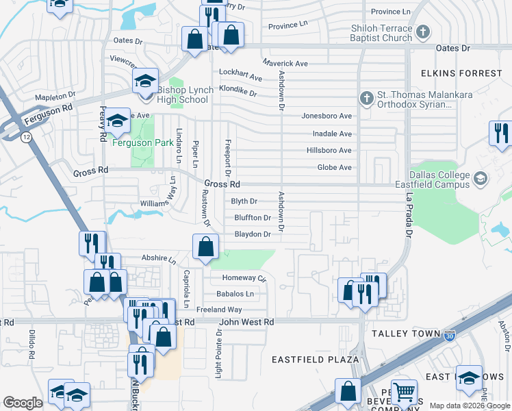 map of restaurants, bars, coffee shops, grocery stores, and more near 2407 Bluffton Drive in Dallas