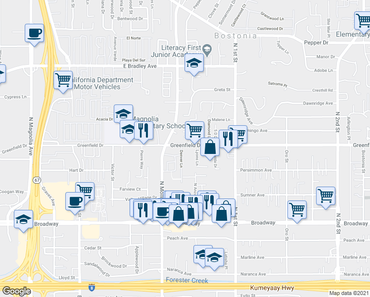 map of restaurants, bars, coffee shops, grocery stores, and more near 1223 Denver Lane in El Cajon