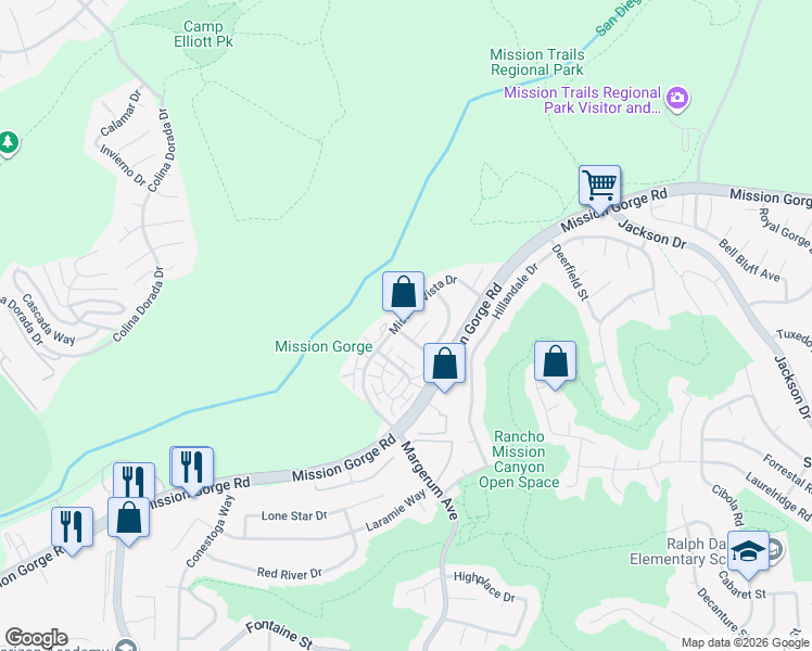 map of restaurants, bars, coffee shops, grocery stores, and more near 3664 Mission Montana Drive in San Diego