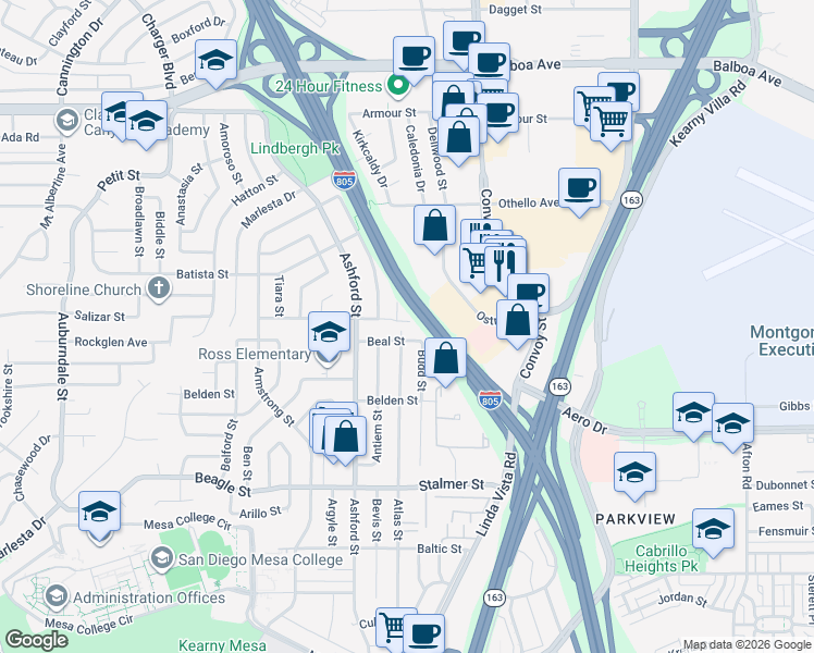 map of restaurants, bars, coffee shops, grocery stores, and more near 3794 Budd Street in San Diego