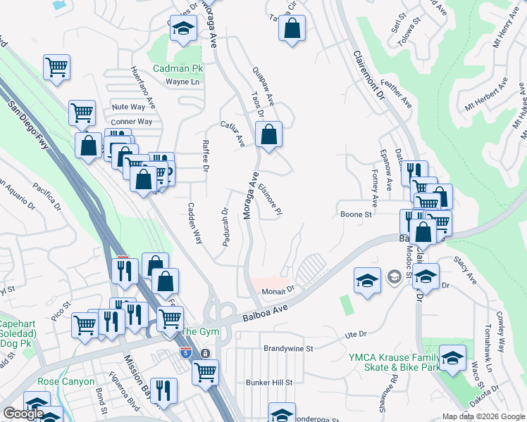 map of restaurants, bars, coffee shops, grocery stores, and more near 3562 Elsinore Place in San Diego