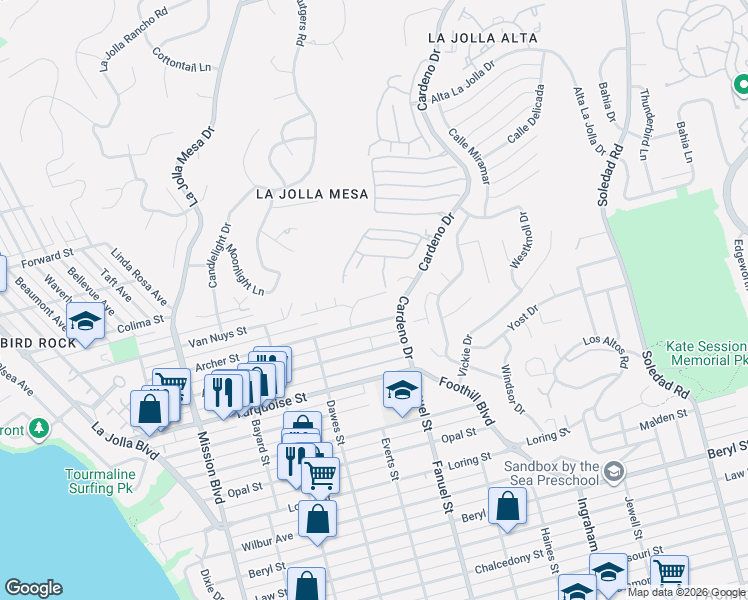 map of restaurants, bars, coffee shops, grocery stores, and more near 1214 Archer Street in San Diego