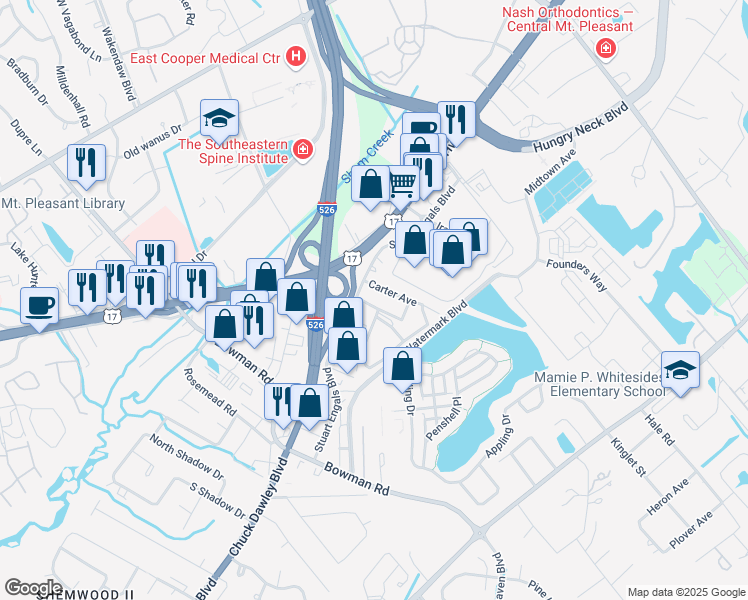 map of restaurants, bars, coffee shops, grocery stores, and more near 1439 Stuart Engals Boulevard in Mount Pleasant