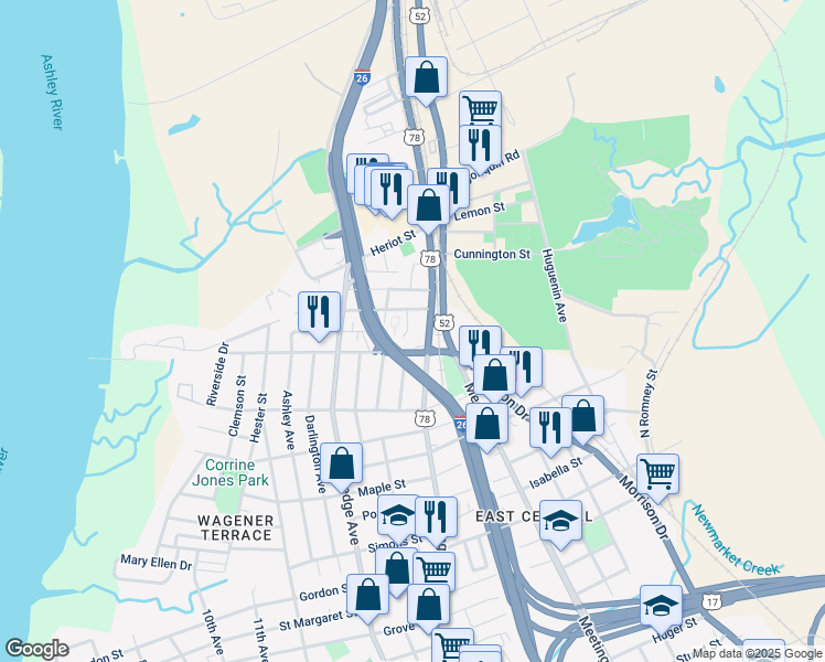 map of restaurants, bars, coffee shops, grocery stores, and more near in Charleston
