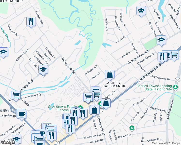 map of restaurants, bars, coffee shops, grocery stores, and more near 1538 Joan Street in Charleston