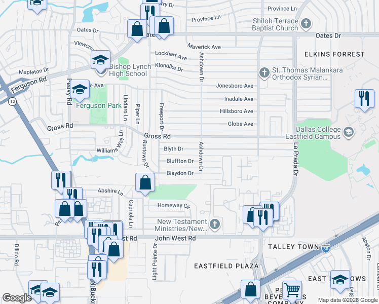 map of restaurants, bars, coffee shops, grocery stores, and more near 2407 Bluffton Drive in Dallas