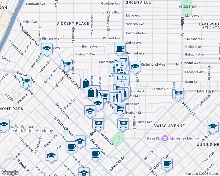 map of restaurants, bars, coffee shops, grocery stores, and more near 1847 Summit Avenue in Dallas
