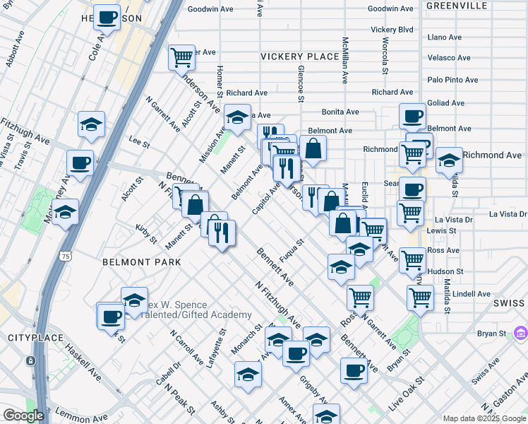 map of restaurants, bars, coffee shops, grocery stores, and more near 2309 North Garrett Avenue in Dallas