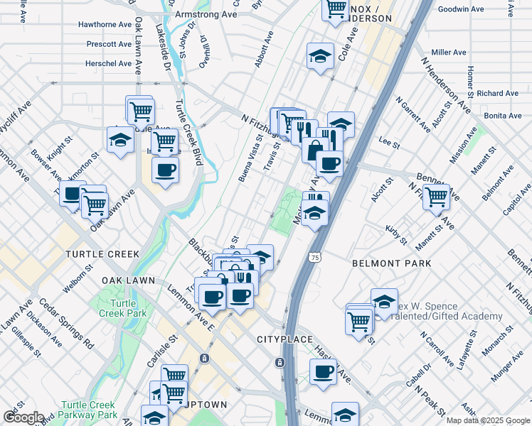 map of restaurants, bars, coffee shops, grocery stores, and more near 3963 Cole Avenue in Dallas