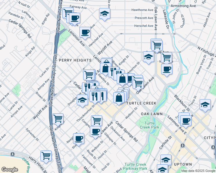 map of restaurants, bars, coffee shops, grocery stores, and more near 4010 North Hall Street in Dallas
