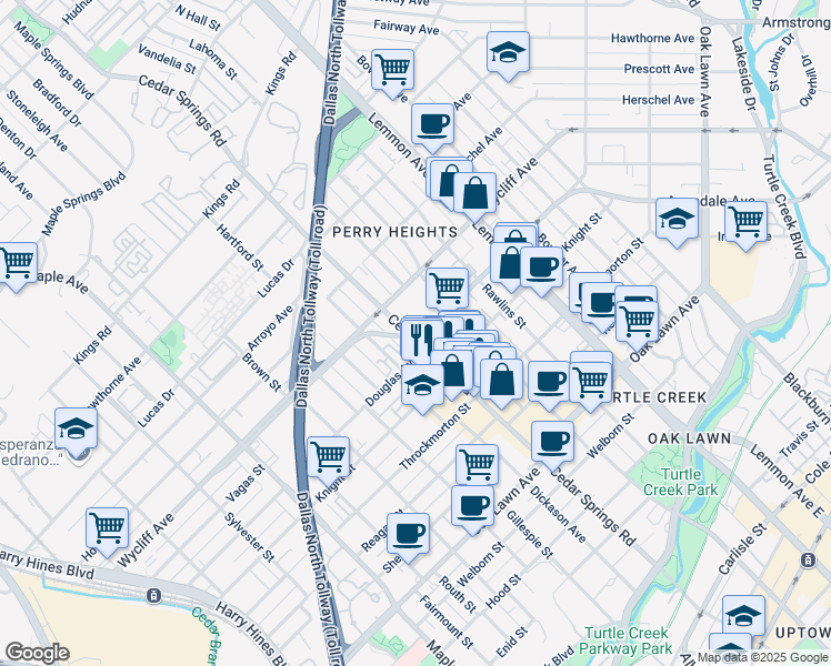 map of restaurants, bars, coffee shops, grocery stores, and more near 4100 Cedar Springs Road in Dallas