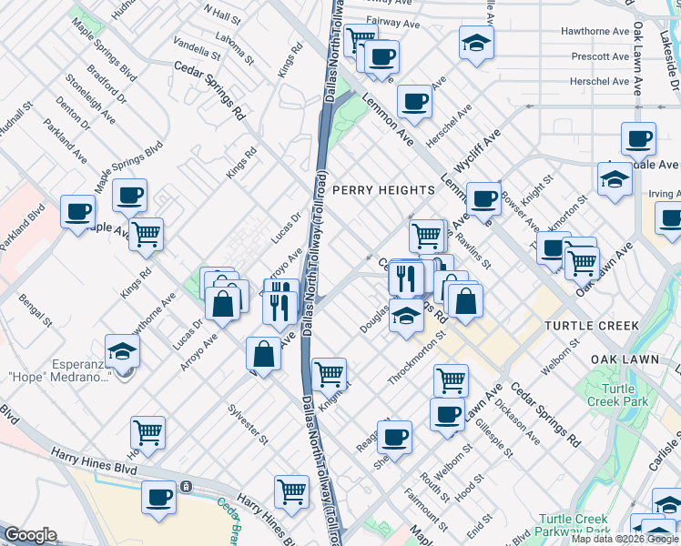 map of restaurants, bars, coffee shops, grocery stores, and more near 2906 Wycliff Avenue in Dallas