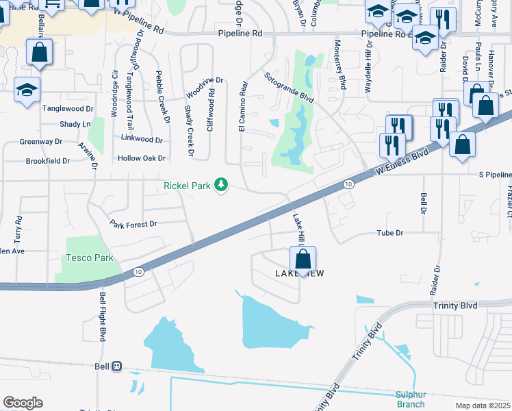 map of restaurants, bars, coffee shops, grocery stores, and more near 2108 Rickel Park Drive in Hurst