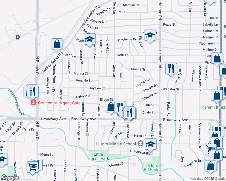 map of restaurants, bars, coffee shops, grocery stores, and more near 3425 Gene Lane in Haltom City