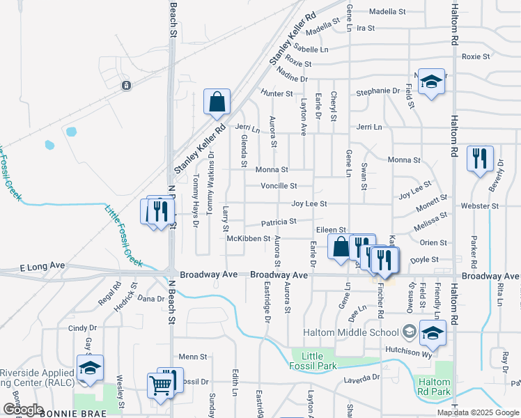 map of restaurants, bars, coffee shops, grocery stores, and more near 4205 Patricia Street in Fort Worth