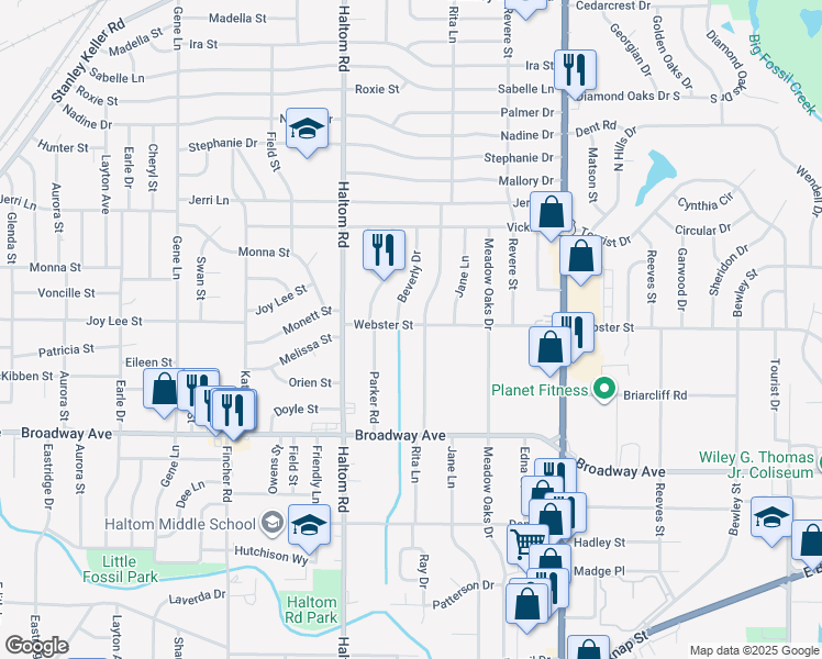 map of restaurants, bars, coffee shops, grocery stores, and more near 3337 Rita Lane in Fort Worth