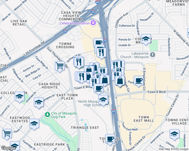map of restaurants, bars, coffee shops, grocery stores, and more near 2021 North Town East Boulevard in Mesquite