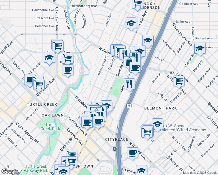 map of restaurants, bars, coffee shops, grocery stores, and more near 3963 Cole Avenue in Dallas