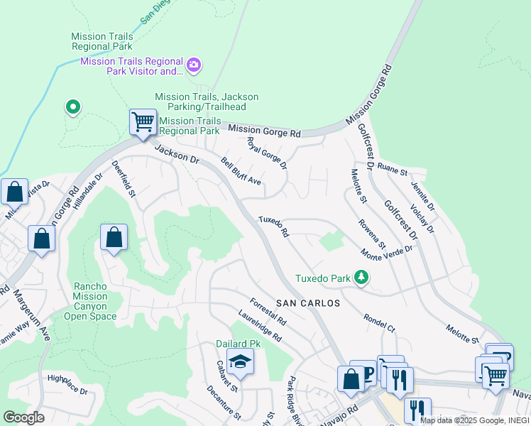 map of restaurants, bars, coffee shops, grocery stores, and more near 6626 Tuxedo Road in San Diego
