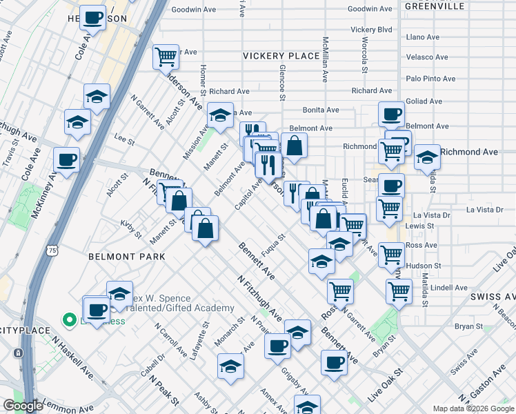 map of restaurants, bars, coffee shops, grocery stores, and more near 5171 Garrett Field Court in Dallas