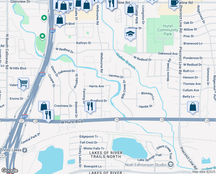 map of restaurants, bars, coffee shops, grocery stores, and more near 228 Bradford Drive in Hurst