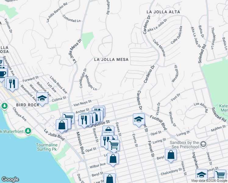 map of restaurants, bars, coffee shops, grocery stores, and more near 5361 Van Nuys Court in San Diego