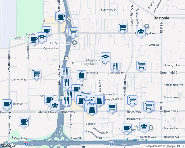map of restaurants, bars, coffee shops, grocery stores, and more near 535 Greenfield Drive in El Cajon