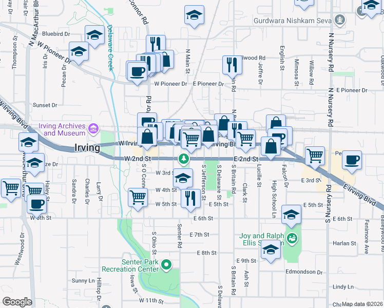 map of restaurants, bars, coffee shops, grocery stores, and more near 217 South Main Street in Irving
