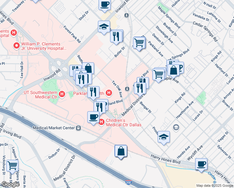 map of restaurants, bars, coffee shops, grocery stores, and more near 5207 Tex Oak Avenue in Dallas