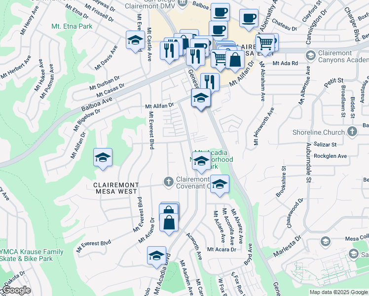 map of restaurants, bars, coffee shops, grocery stores, and more near 3961 Mount Aladin Avenue in San Diego