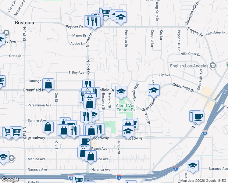 map of restaurants, bars, coffee shops, grocery stores, and more near 1255 Navello Street in El Cajon