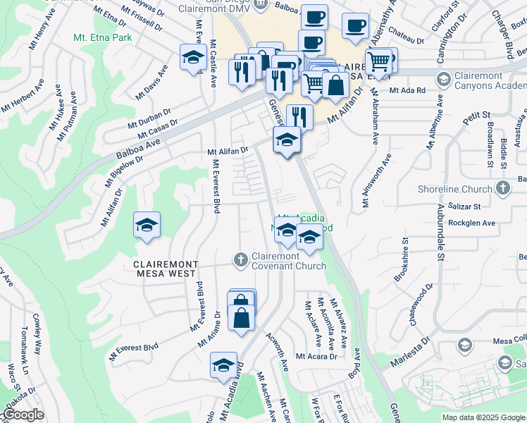 map of restaurants, bars, coffee shops, grocery stores, and more near 3961 Mount Aladin Avenue in San Diego