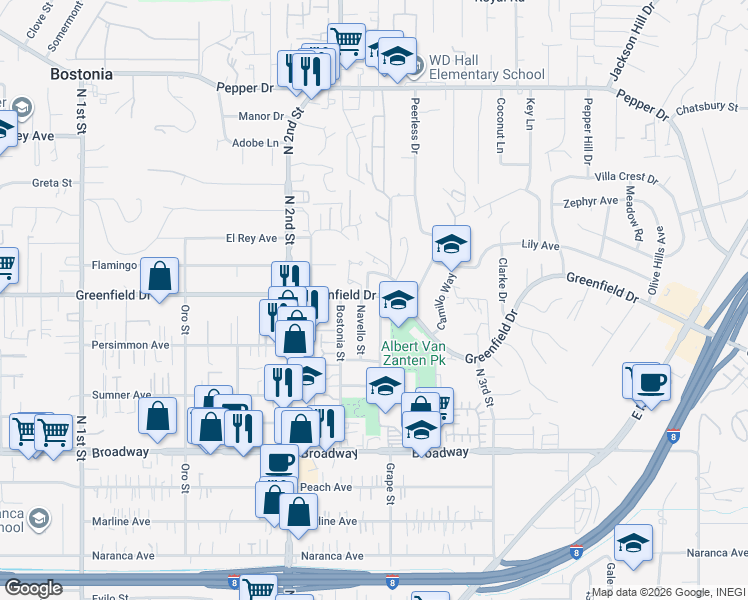 map of restaurants, bars, coffee shops, grocery stores, and more near 1298 Tangerine Street in El Cajon