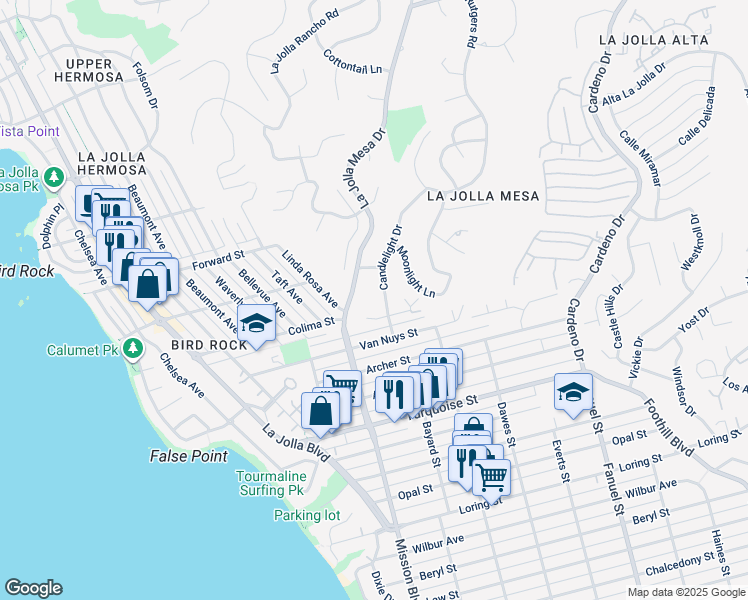 map of restaurants, bars, coffee shops, grocery stores, and more near 5416 Candlelight Drive in San Diego