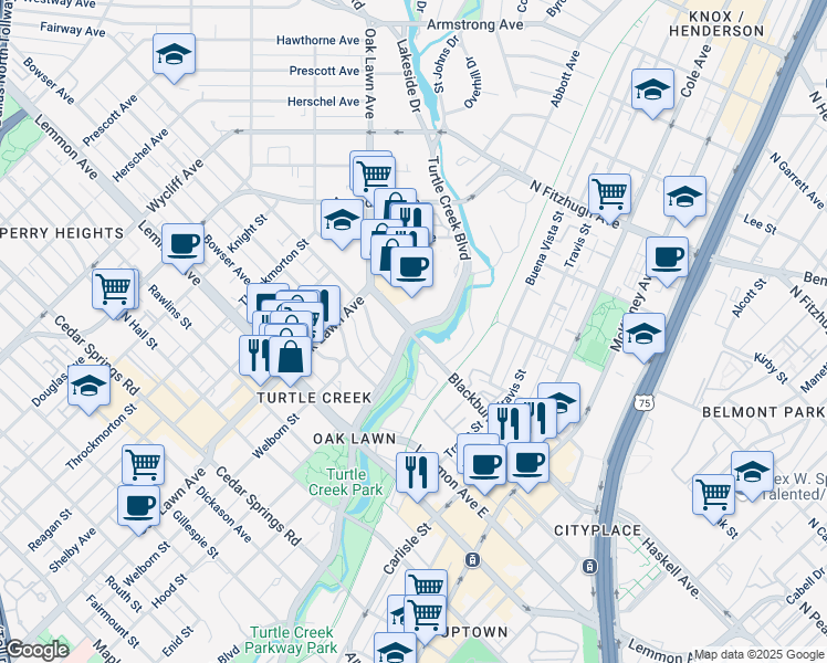map of restaurants, bars, coffee shops, grocery stores, and more near Turtle Creek Blvd & Blackburn St in Dallas